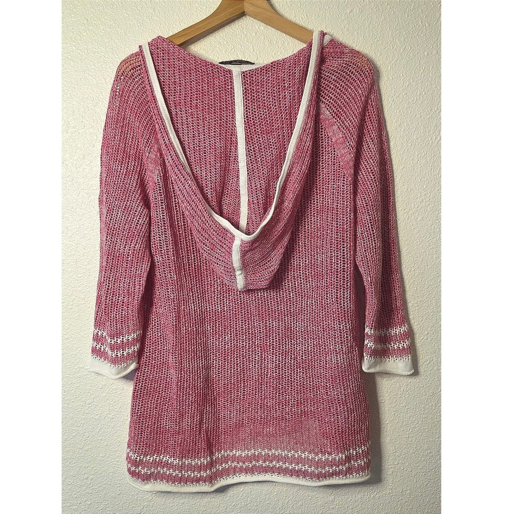 Tommy Bahama Pink Open Knit Hooded Linen Blend Sweater Beachy Coastal Boho Lrg - Picture 3 of 4